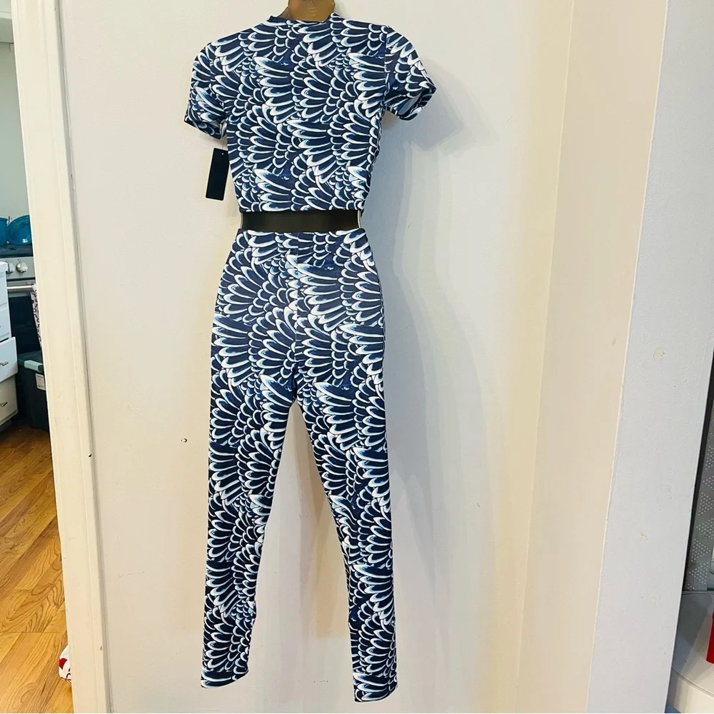 Ed Hardy Y2K Blue Print Two Piece Set Crop Top Pants Matching Co Ord